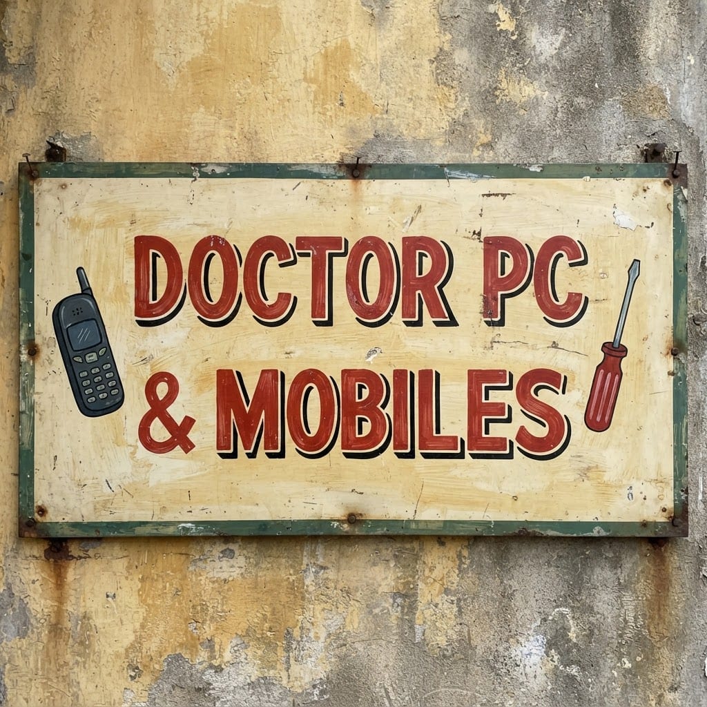 Image: Flat, front-on artwork of a hand-painted shop name