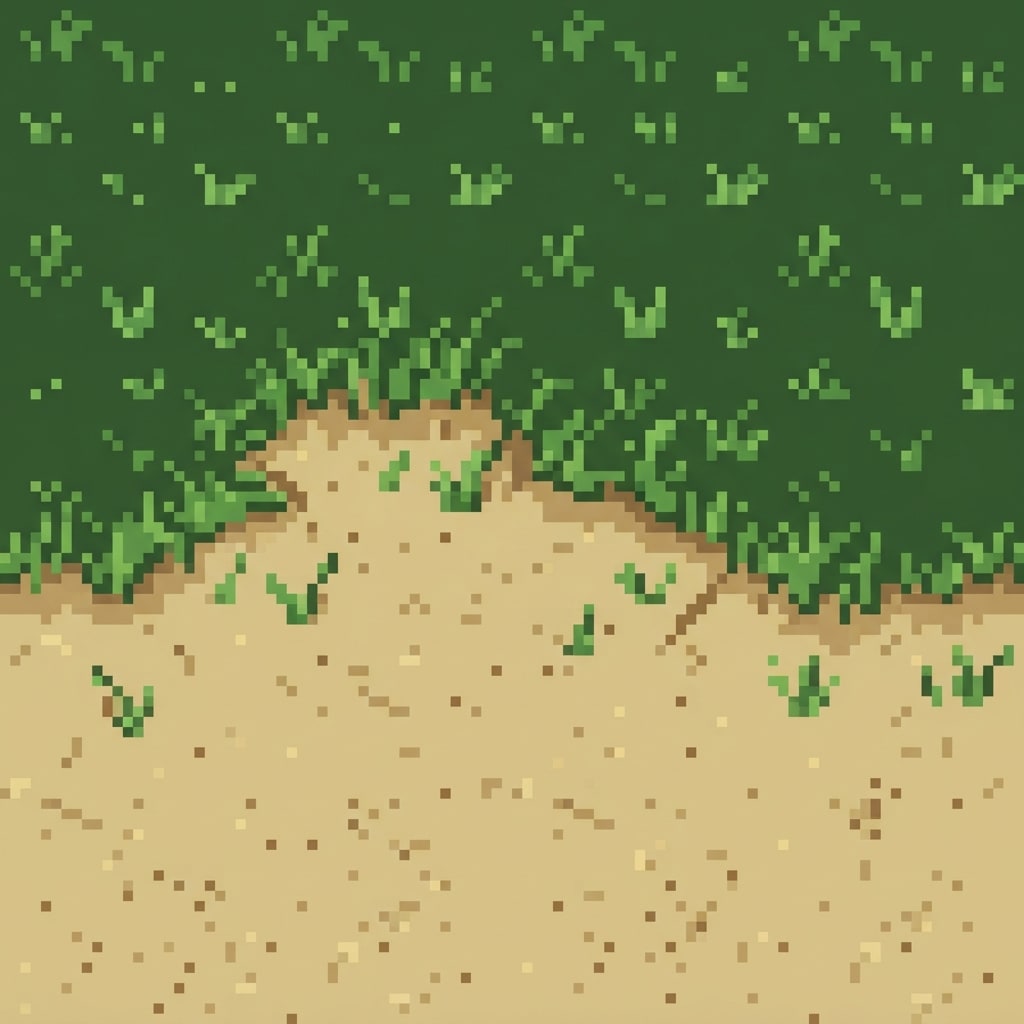 Image: pixel art transition tile, top-down orthographic v