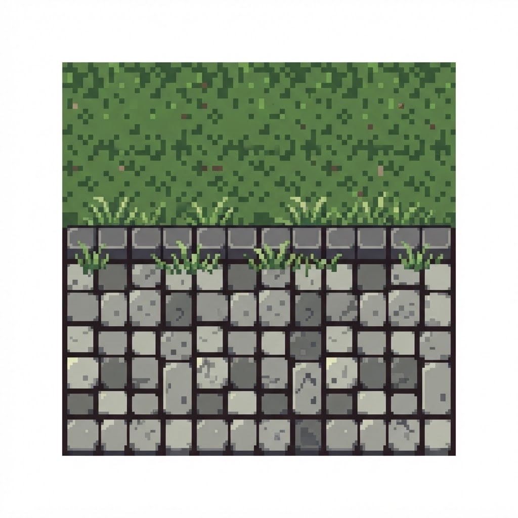 Image: pixel art transition tile, top-down orthographic v