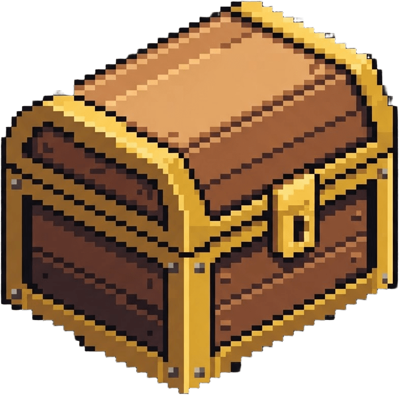 Image: closed wooden treasure chest with gold trim, facin