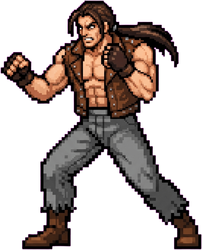 Image: 16-bit pixel art sprite of a video game fighter ch