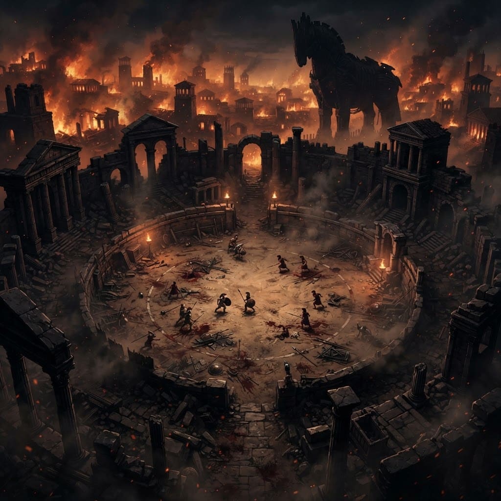 Image: 2d top-down view of a battle arena in ancient Troy