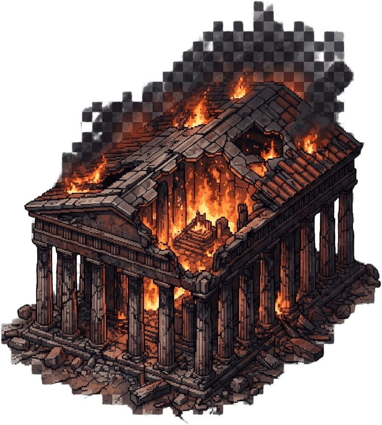 Image: 2d top-down sprite of a burning ancient greek temp