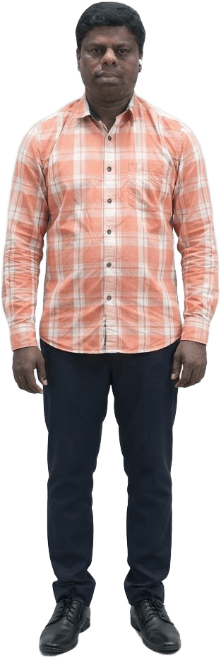 Image: Same man as the reference: dark short hair, brown