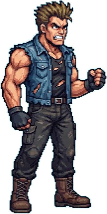 Image: 16-bit pixel art game sprite of a muscular street
