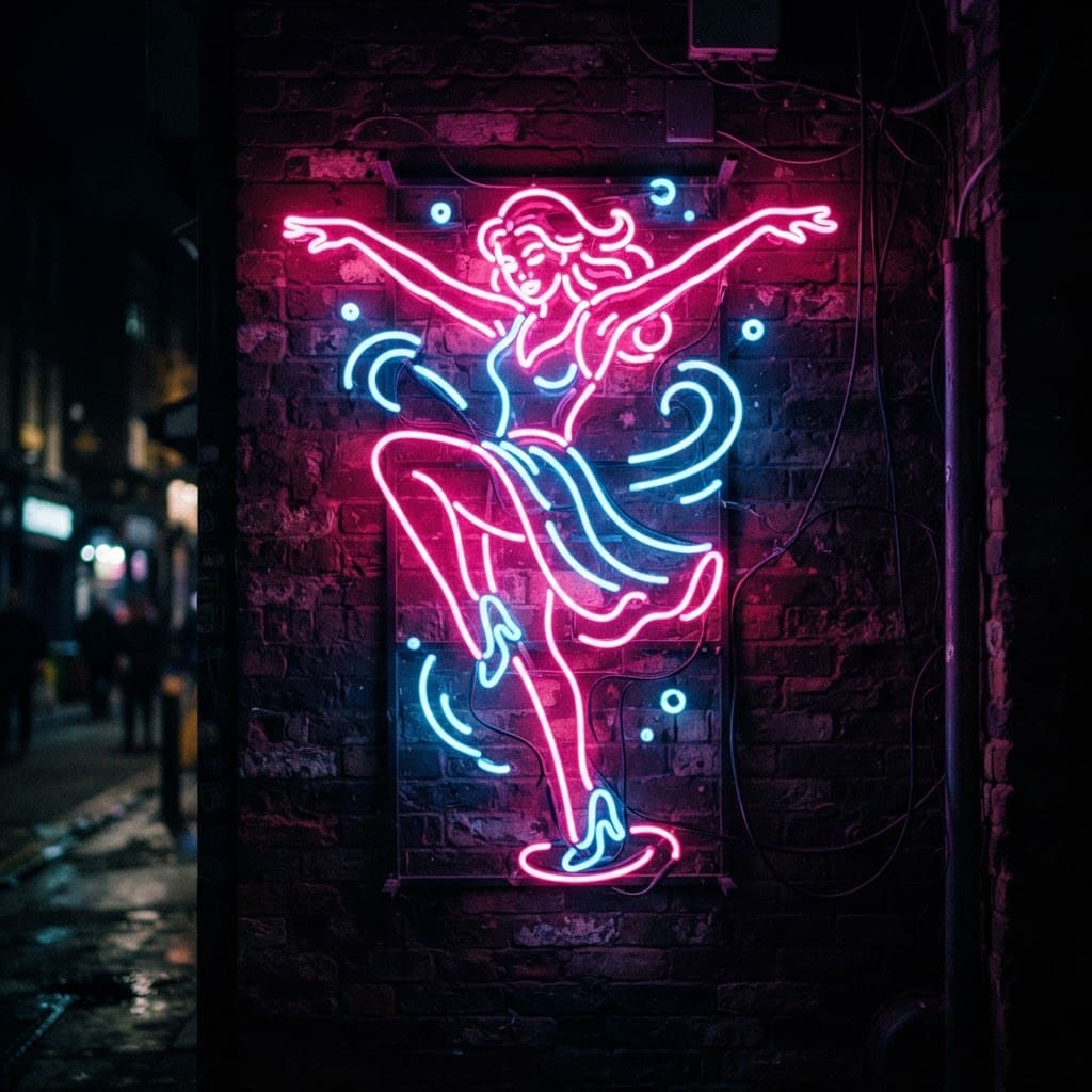 Image: Neon tube sign of a woman in a dynamic dancing pos