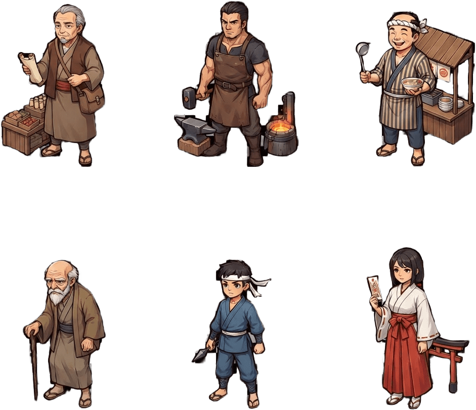 Image: Top-down 2D game sprite sheet of anime ninja villa