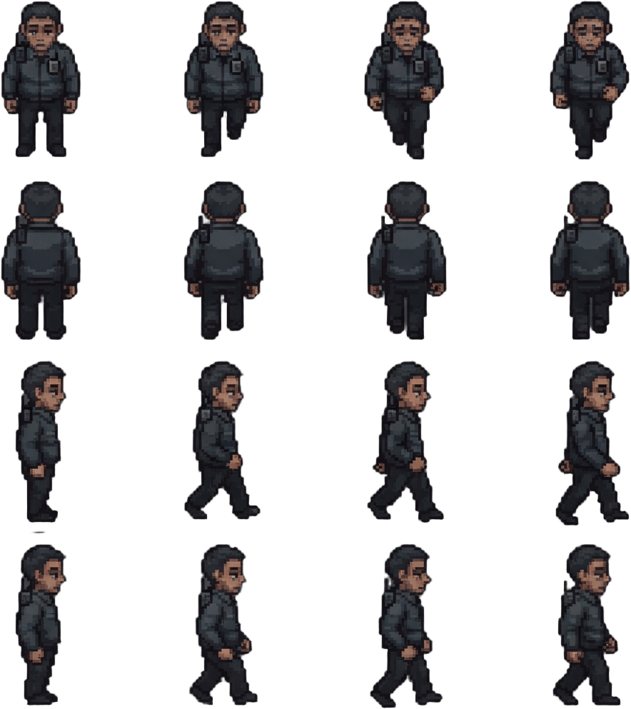 Image: Pixel art sprite sheet for a moody 2D top-down hor