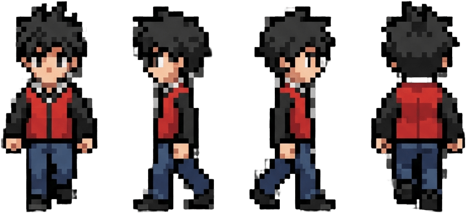 Image: pixel art sprite sheet, four top-down overworld ch