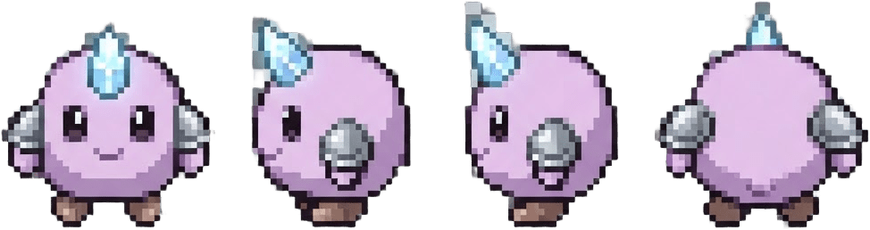 Image: pixel art sprite sheet, four top-down overworld sp