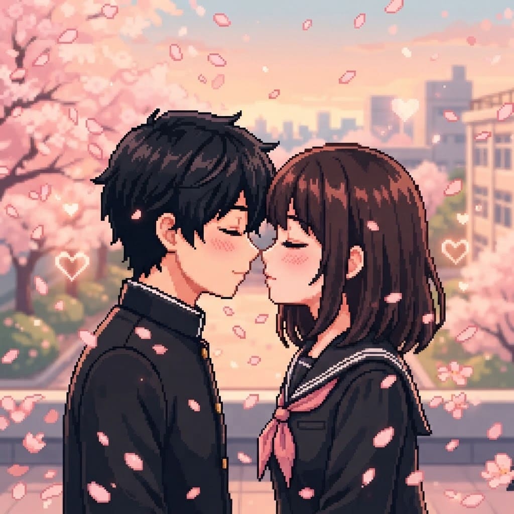 Image: pixel art romantic visual novel CG, two cute anime