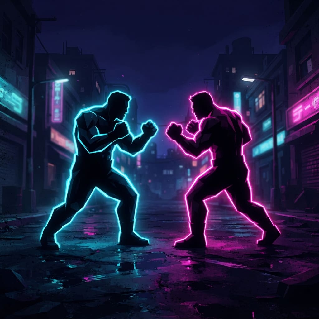 Image: Square game icon for a gritty neon night street-fi