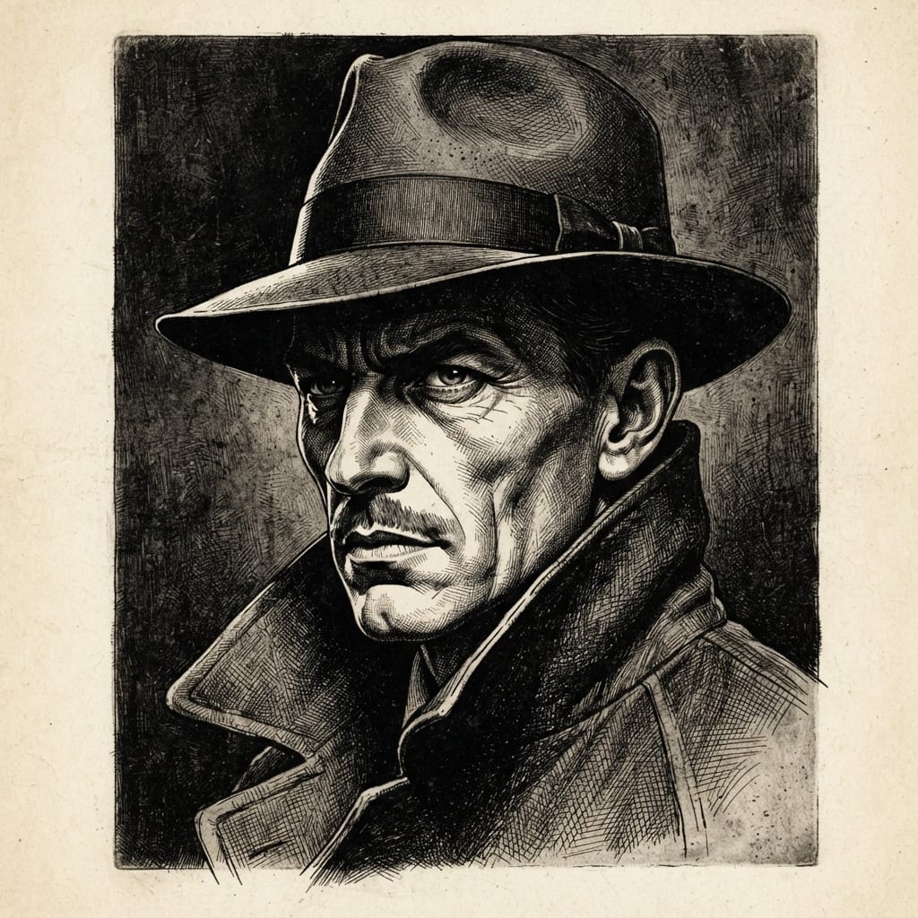 Image: Black and white etched portrait bust of a 1940s Ge