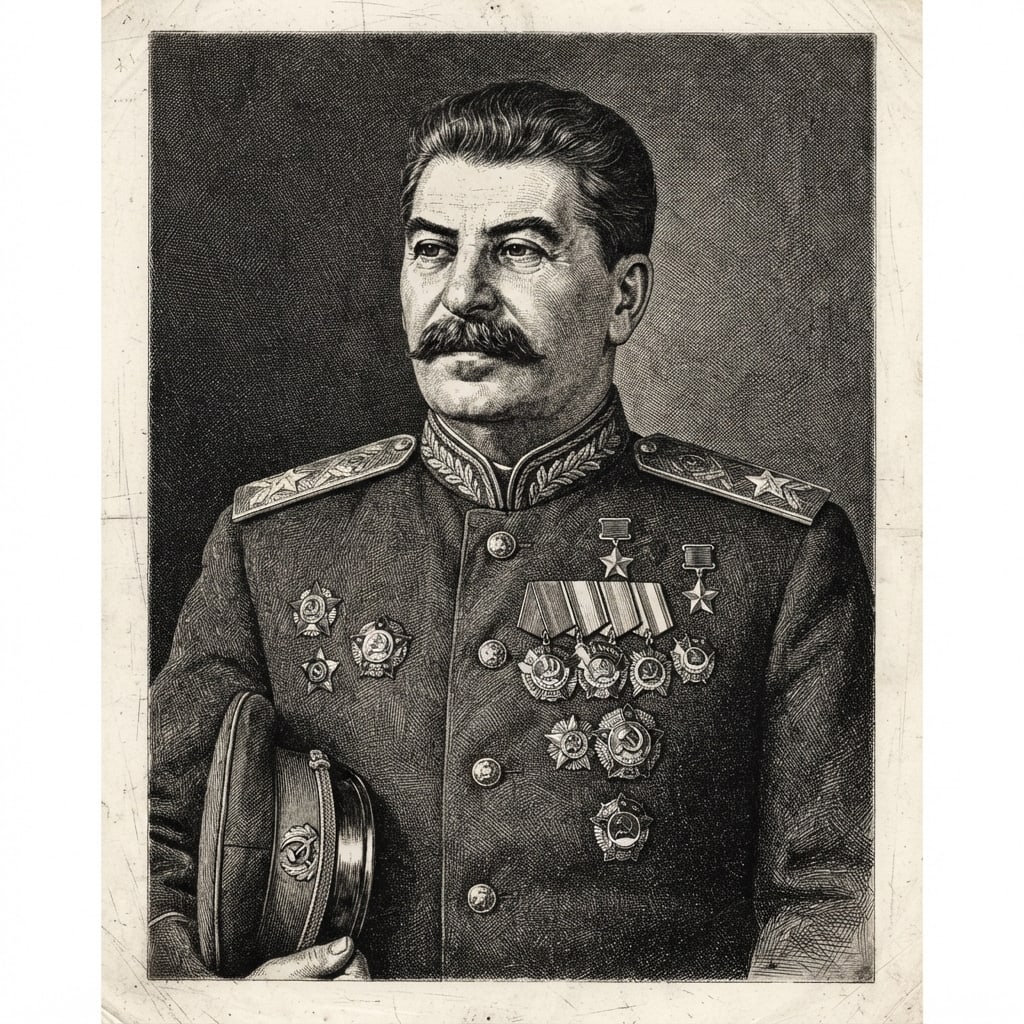 Image: Black and white etched portrait bust of a 1945 Sov