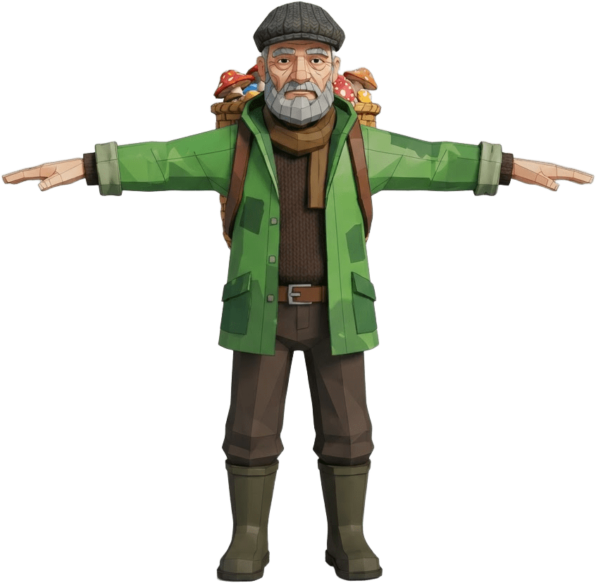 Image: Full body T-pose reference sheet of a cartoon low-