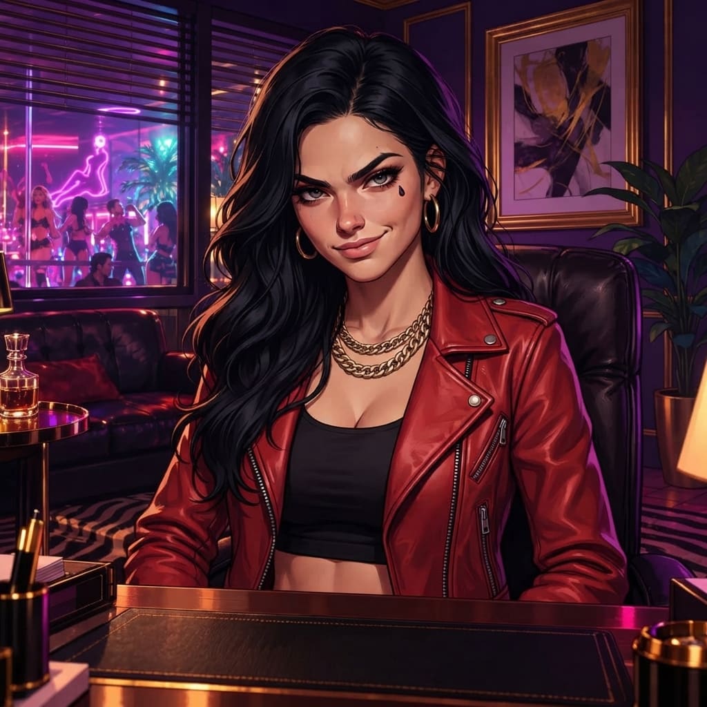 Image: Same art style, composition and neon nightclub lig