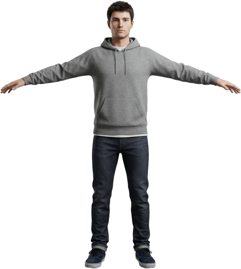 Image: T-pose turnaround reference of a realistic young m