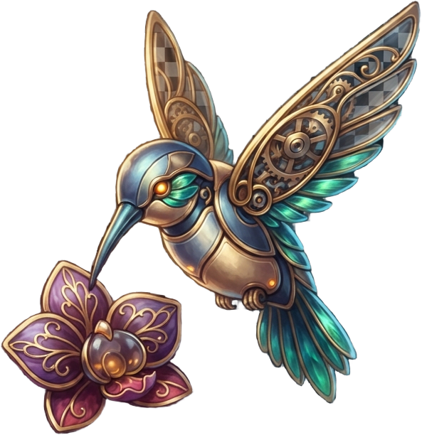 Image: a mechanical hummingbird hovering with open wings