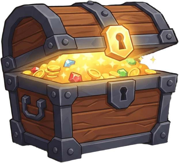 Image: A single low-poly fantasy treasure chest, wooden w