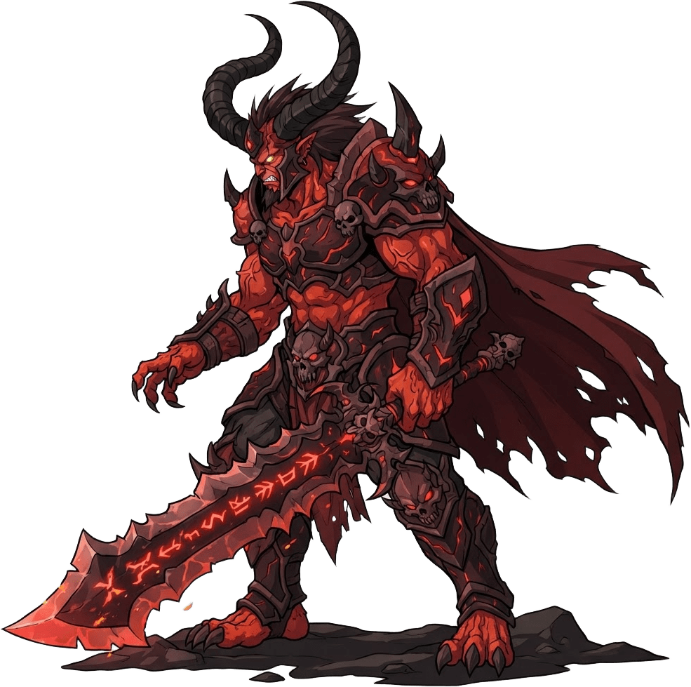 Image: Anime cel-shaded 2D game boss sprite, colossal dem