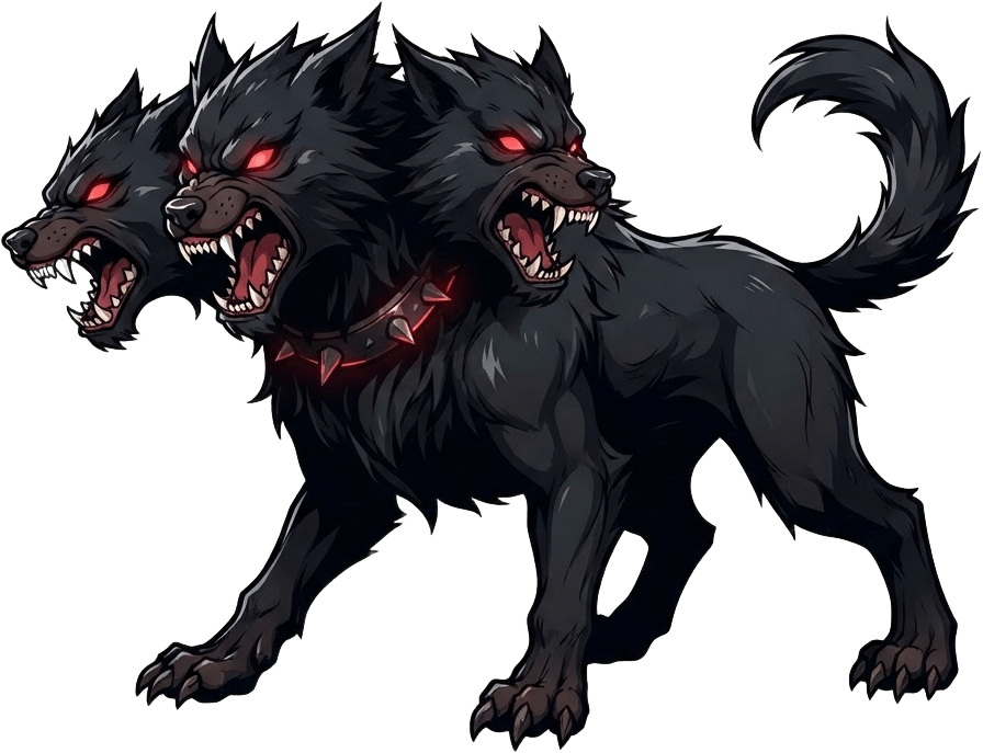 Image: Anime cel-shaded 2D game sprite, three-headed hell