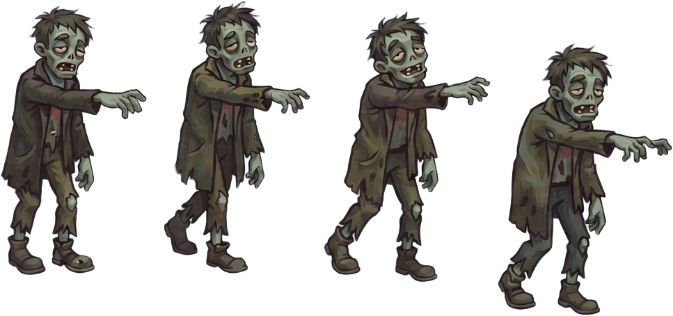 Image: Four poses of one funny cartoon zombie wearing gre