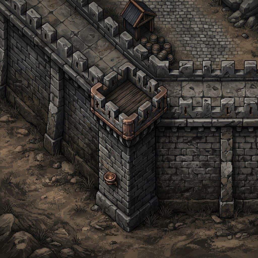 Image: 2d top-down pixel art tile of a corner section of
