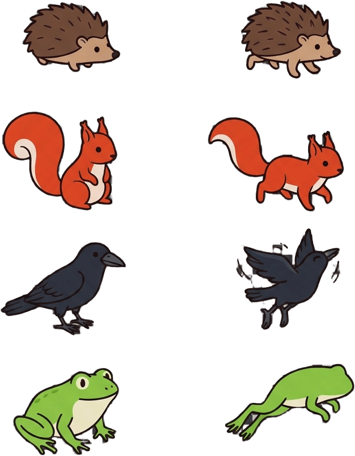Image: A 4x2 sprite sheet of four small forest animals in