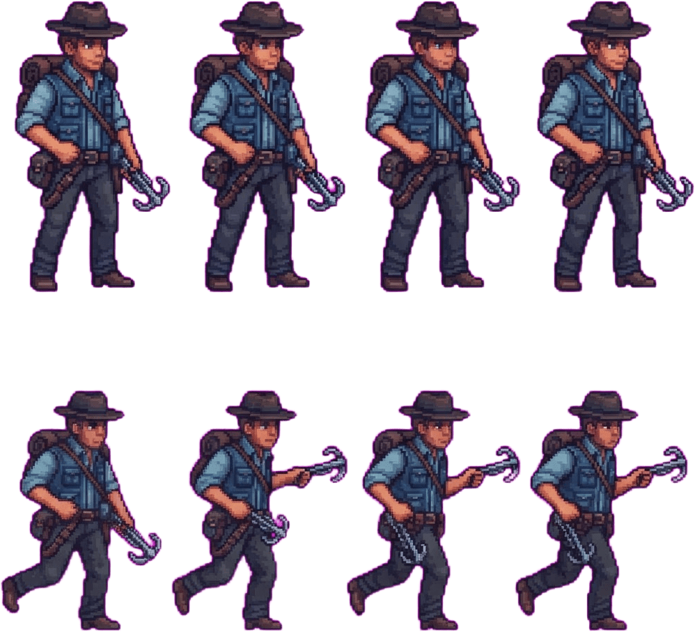 Image: Pixel art character sprite sheet for a 2D side-scr