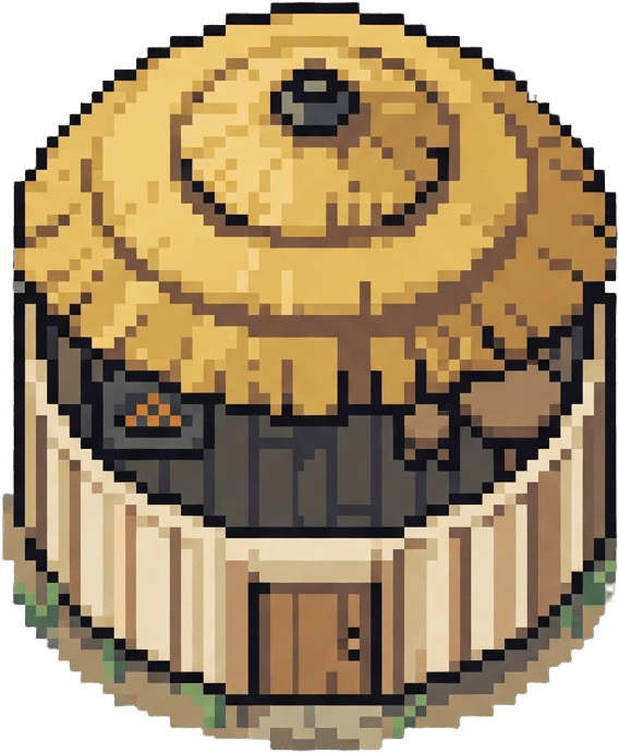 Image: pixel art top-down village building, a round hut w