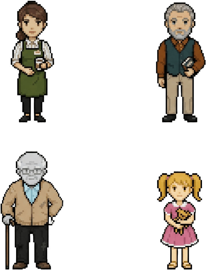 Image: Pixel art sprite sheet for a top-down RPG. Four di