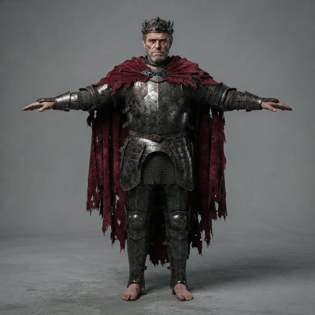 Image: Full-body T-pose character reference of a grim, re