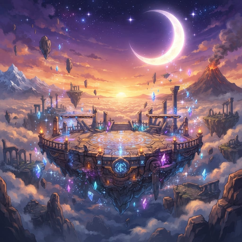 Image: Wide 2D fighting game stage background, anime styl