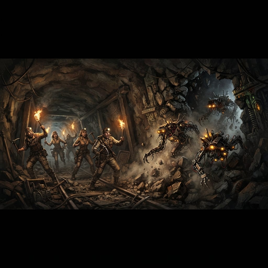 Image: Cinematic concept art, wide 16:9: inside a dark mi