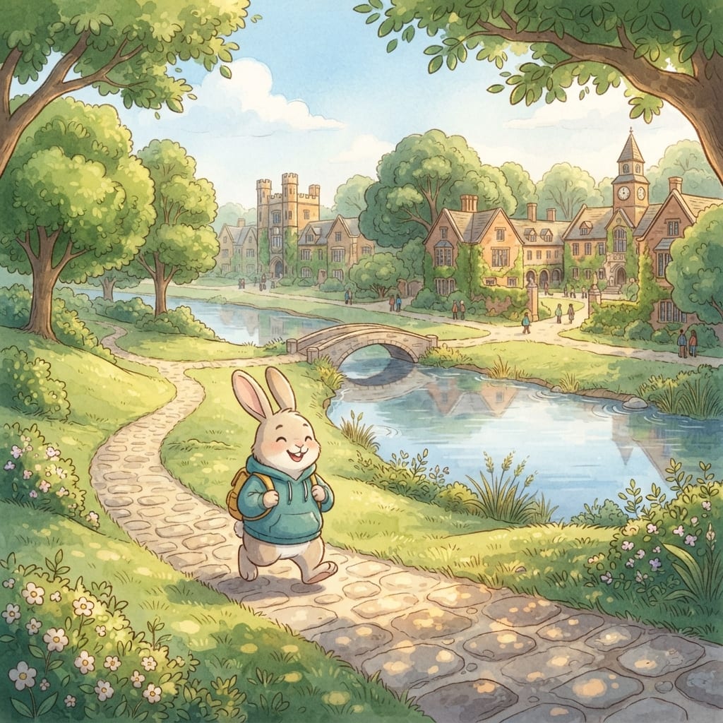 Image: Illustrated storybook scene, wide landscape: a lea
