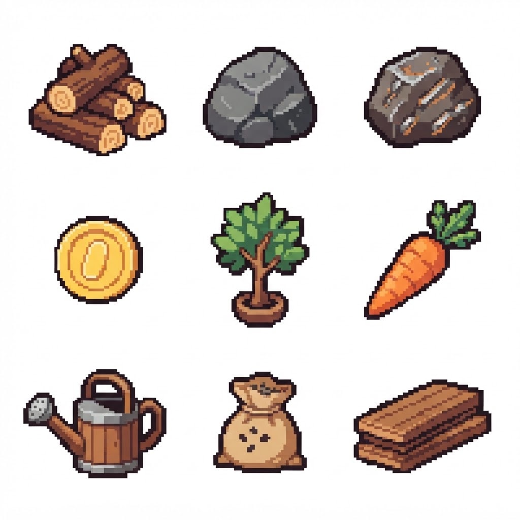 Image: pixel art game prop sprite sheet, 3x3 grid of nine