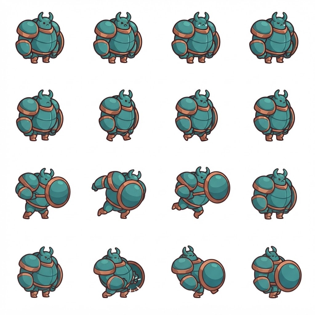 Image: Stylized 2D game character sprite sheet for a side