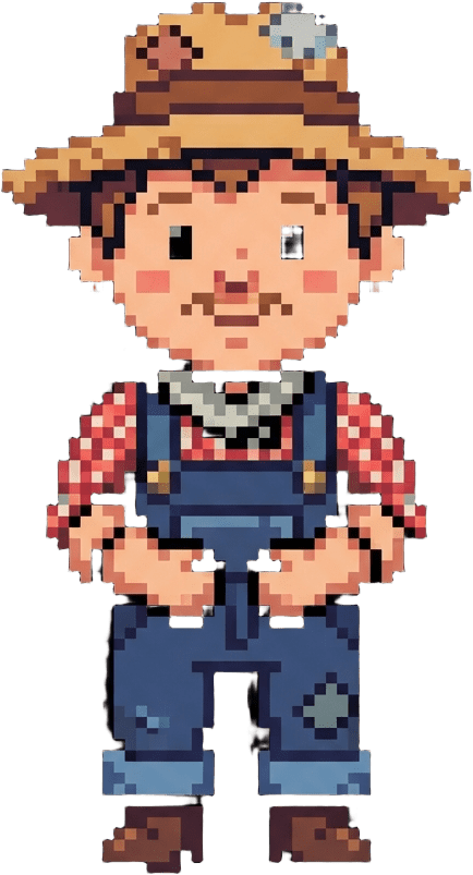 Image: pixel art sprite of a small friendly farmer strang