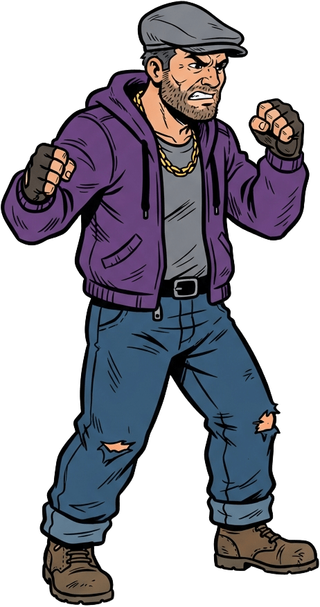 Image: 2D game character sprite, comic book cartoon style