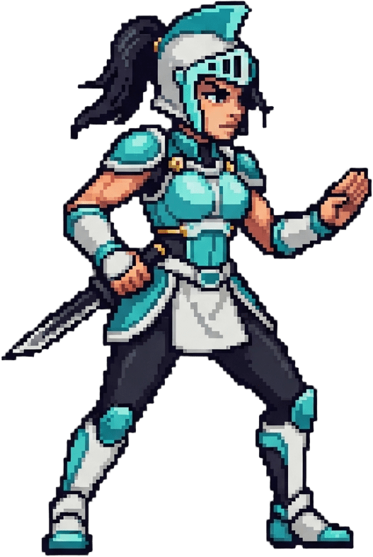 Image: pixel art character sprite, full body side view fi