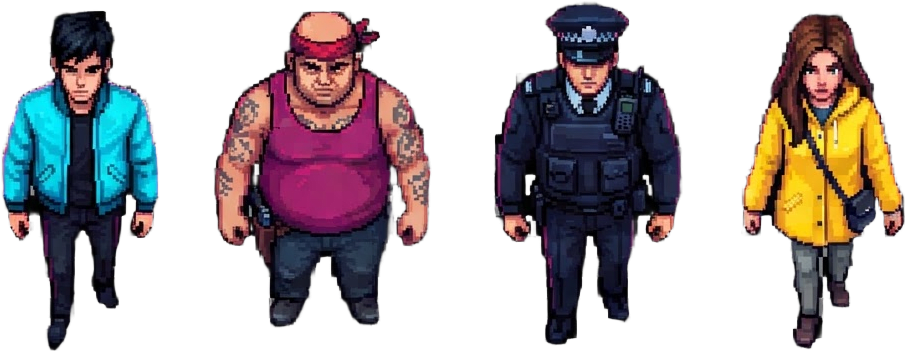 Image: Top-down pixel art character sprites for a gritty