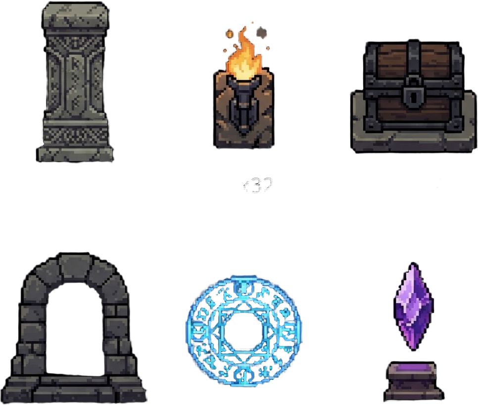 Image: pixel art fantasy dungeon props, six separate obje