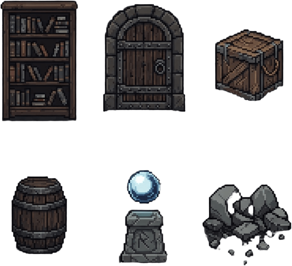 Image: pixel art fantasy dungeon props, six separate obje