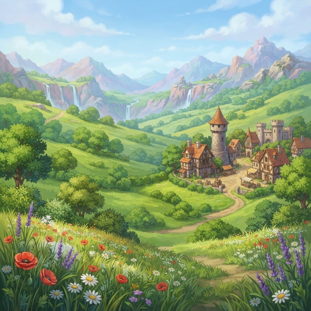 Image: Vertical portrait painted fantasy landscape backgr