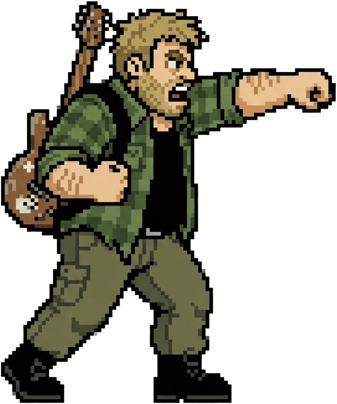 Image: Same stocky bearded punk (messy light-brown hair,