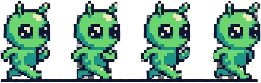 Image: Pixel art sprite sheet, retro 16-bit style: 4 fram