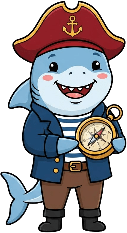 Image: One single friendly cartoon baby shark pirate capt