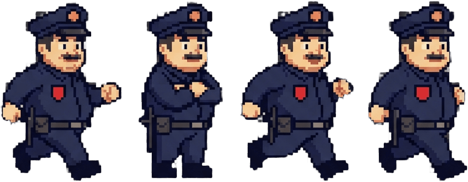 Image: Pixel art sprite sheet, retro 16-bit style: 4 fram