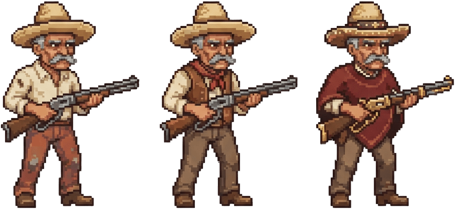 Image: Pixel art game sprite atlas of ONE elderly Mexican