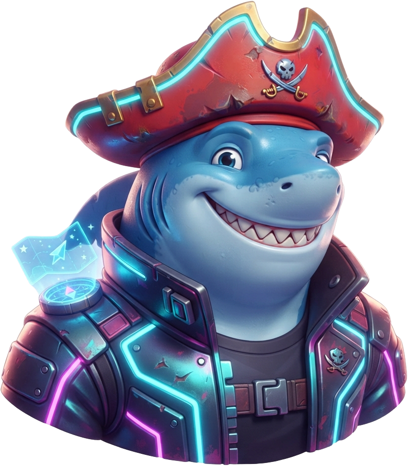 Image: Single friendly cartoon shark pirate captain chara
